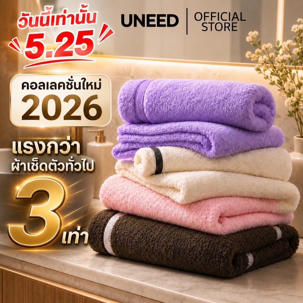 【UNEED】คอลเลคชั่นใหม่ 2026 ผ้าไมโครไฟเบอร์ ผ้าเช็ดตัวผืนใหญ่ เกรดโรงแรม ผ้าขนหนูเกรดพรีเมียม เเห้งไว ซึมซับดีไม่เป็นขุย