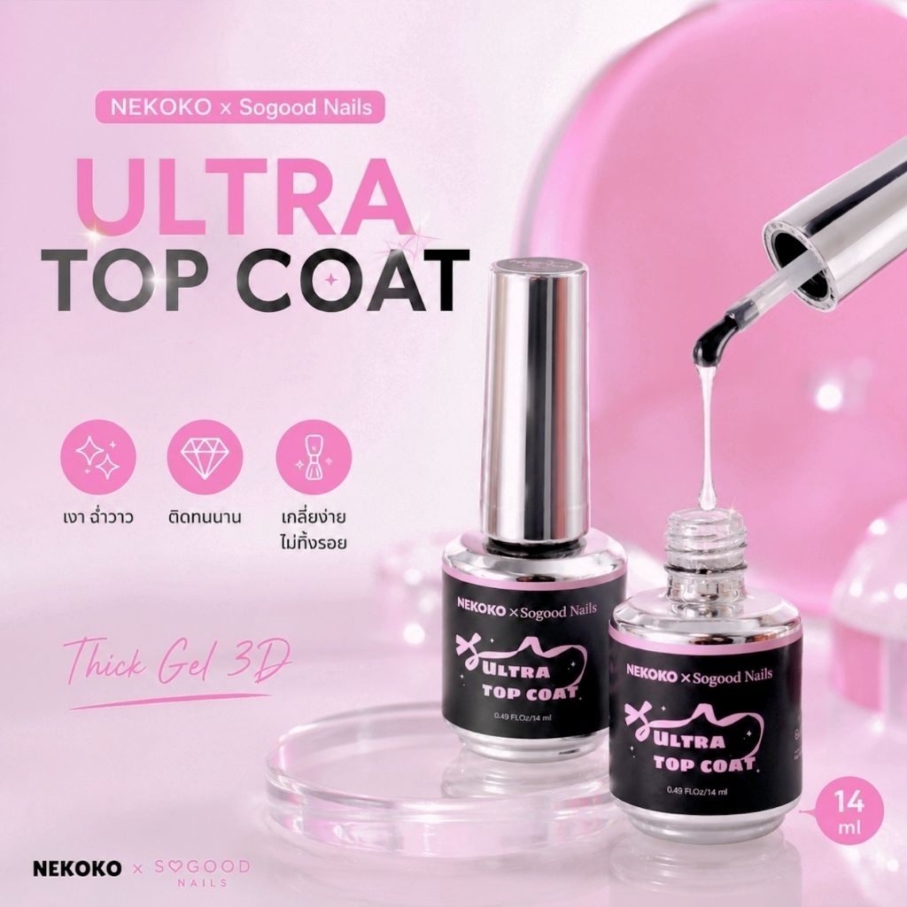 พร้อมส่ง 🩷🖤 ท็อป-ถังหูลู่🍡- NEKOKO X Sogood Nails •ULTRA TOP COAT•