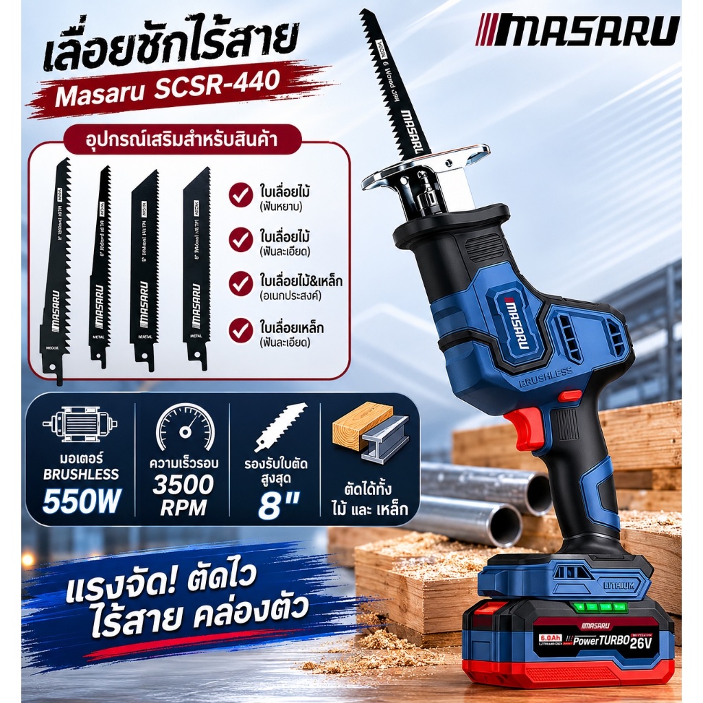 เลื่อยชักไร้สาย Masaru SCSR-440 มอเตอร์ Brushless 550W ตัดได้ทั้งไม้และเหล็ก