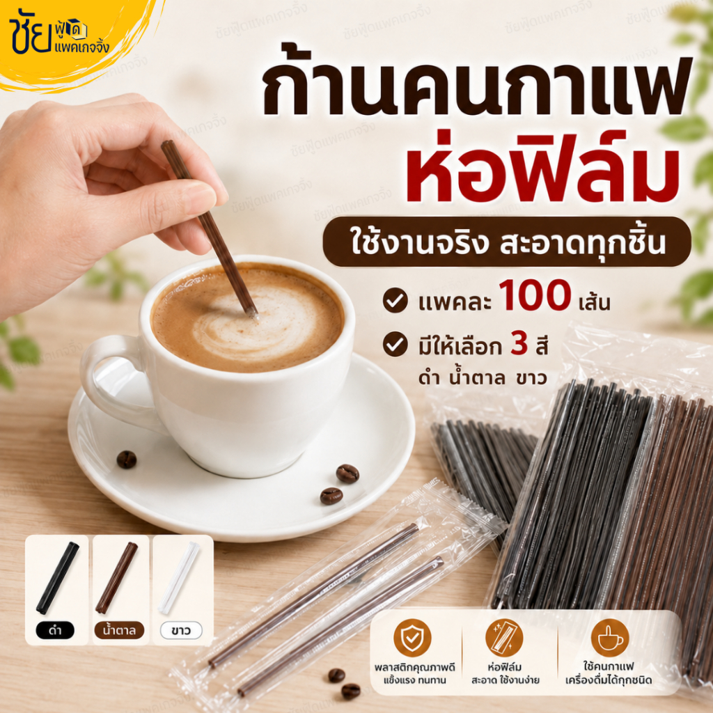 ก้านคนกาแฟห่อฟิล์ม 100เส้น ไม้คนกาแฟ พลาสติก แยกห่อฟิล์มซองเดี่ยว สะอาด ปลอดภัย หลอดคนกาแฟร้อน