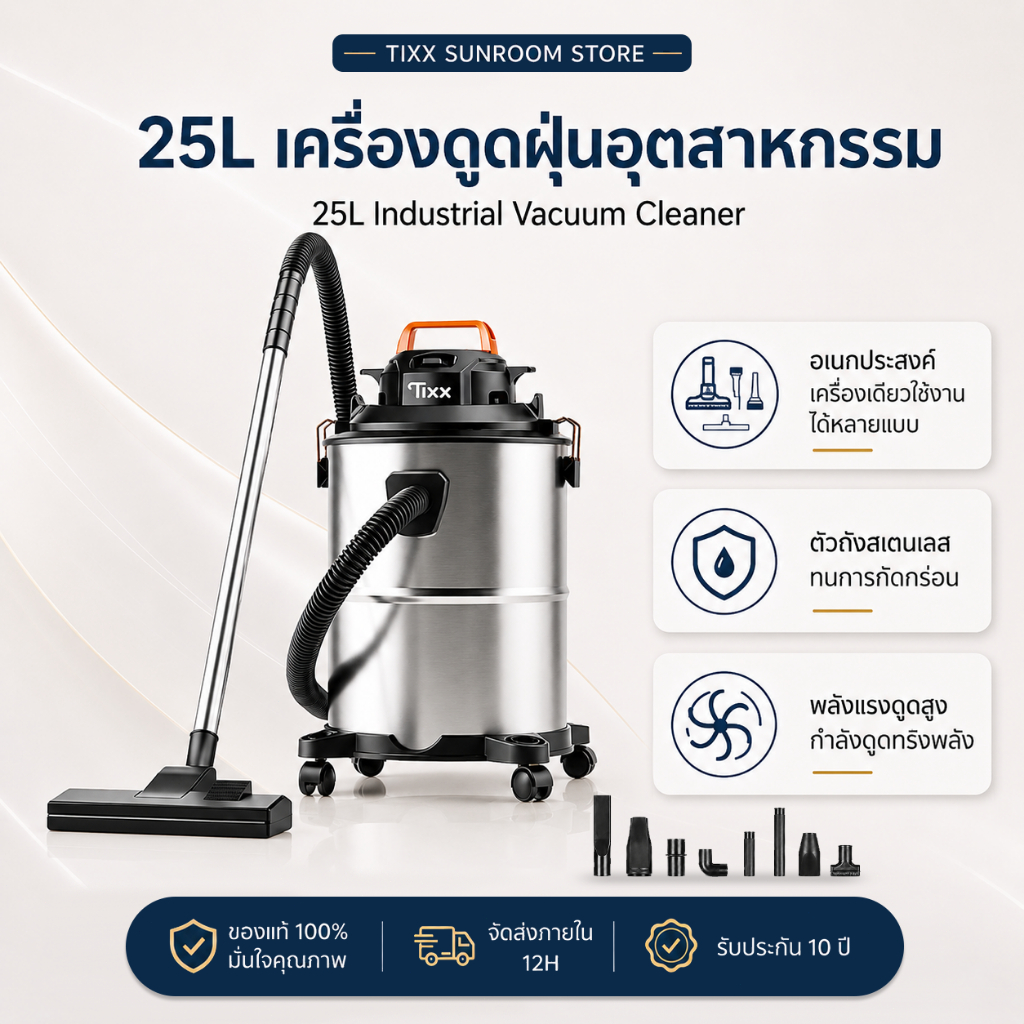 เครื่องดูดฝุ่น 25L Vacuum cleaner เป่าลม 25000Pa 2200W ถังสแตนเลส เครื่องดูดฝุ่นอุตสาหกรรม Tixx