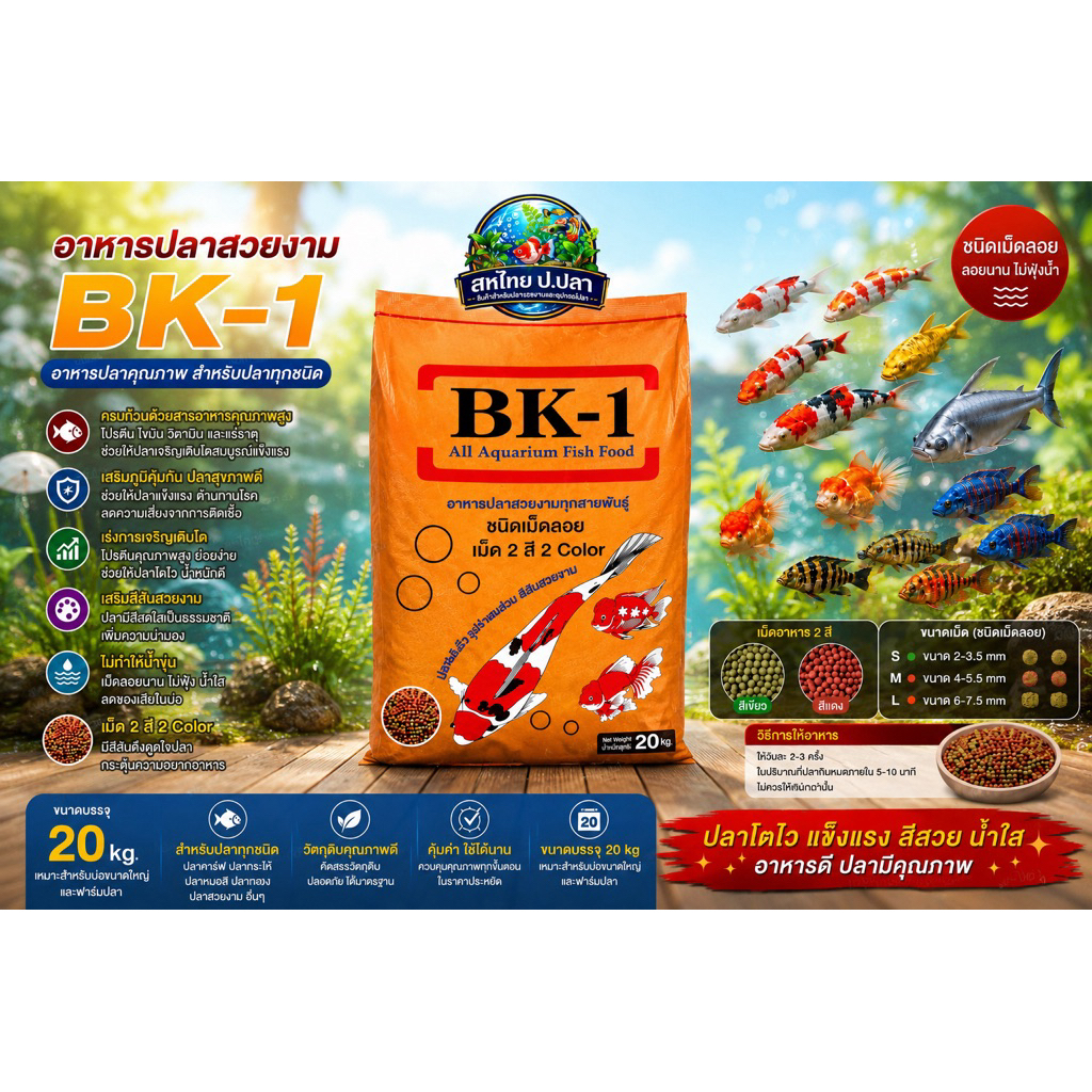 💥คุ้มค่า💥อาหารปลาคาร์ฟ BK-1 บรรจุ20kg อาหารเม็ด 2สี เขียวและแดง เหมาะสำหรับปลาคาร์ฟและปลาสวยงามทุกชนิด🐟