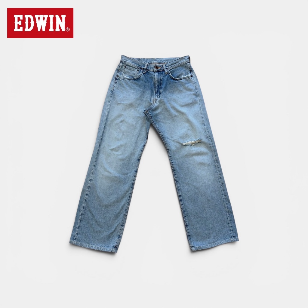 กางเกงยีนส์มือสอง Edwin รุ่น 505 ริมแดง ป้ายส้ม เอว 32 ยาว 41 ปลาย 9.5 เฟดเซอร์ ขาดเข่า