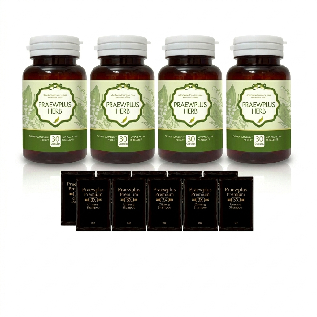 Praewplus Herb ผลิตภัณฑ์เสริมอาหารสกัดจาก มะระขี้นก มะรุม เห็ดหลินจือ รวมสมุนไพรธรรมชาติ 8 ชนิด  4 กระปุก ได้ แชมพ 10 ซอ