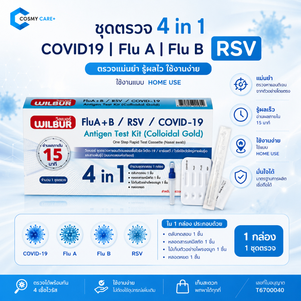 ชุดทดสอบ 4 สายพันธุ์ 4IN1 COVID-19 & RSV & FLU A / B Antigen Test Kit ยี่ห้อ WILBUR  (พร้อมส่ง)