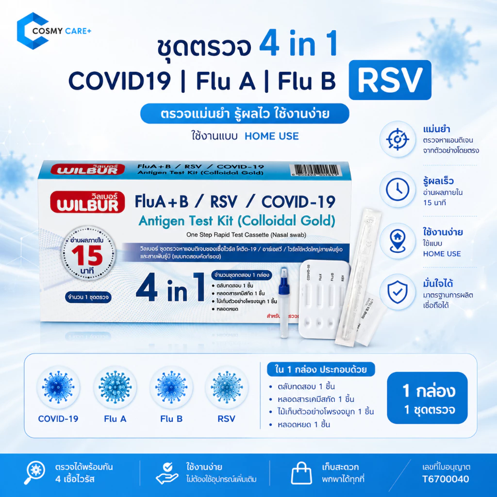 [ตรวจRSVได้] ชุดตรวจโควิด ATK RSV 4IN 1 ยี่ห้อ WILBUR | ตรวจหา RSV และ COVID-19 / Flu A+B / ครบ 4 โรค จบภายในกล่องเดียว