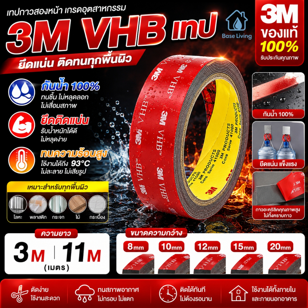 เทปกาวสองหน้า VHB กระดาษแยกสีแดง กว้าง 8-20 มม. ยาว 11 ม. กันน้ำ กันแดด ทนอุณหภูมิได้ดี ลอกออกไม่ทิ้งคราบกาวง่าย