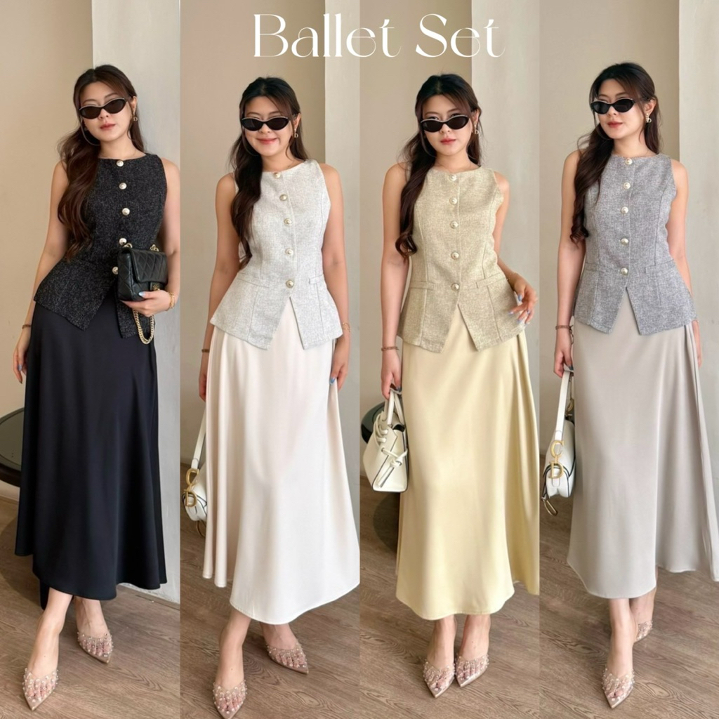 Ballet Set:ชุดเซ็ท 2 ชิ้นกระโปรงยาวผ้าทวิต ชุดกระโปรงออกงาน เรียบหรู เสื้อแขนกุดแต่งกระดุม BETTY