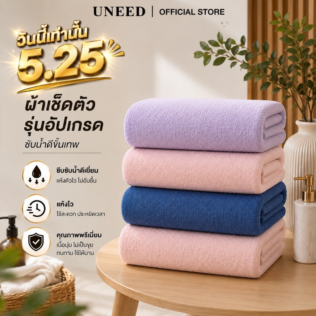【UNEED】2026ผ้าเช็ดตัวไมโครไฟเบอร์รุ่นใหม่ ซับน้ำได้ดีเยี่ยม แห้งเร็ว คุณภาพพรีเมียม มีให้เลือก ขนาด 40x80|70x140|90x160
