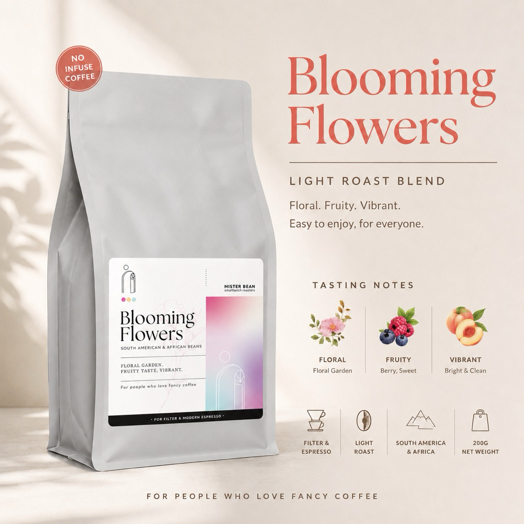 mister bean roasters เมล็ดกาแฟคั่วอ่อนโทนดอกไม้ เบอรี่ ดอกไม้ชัด ไม่เลี่ยน ลื่นคอ Blooming Flower Blend Light Roast