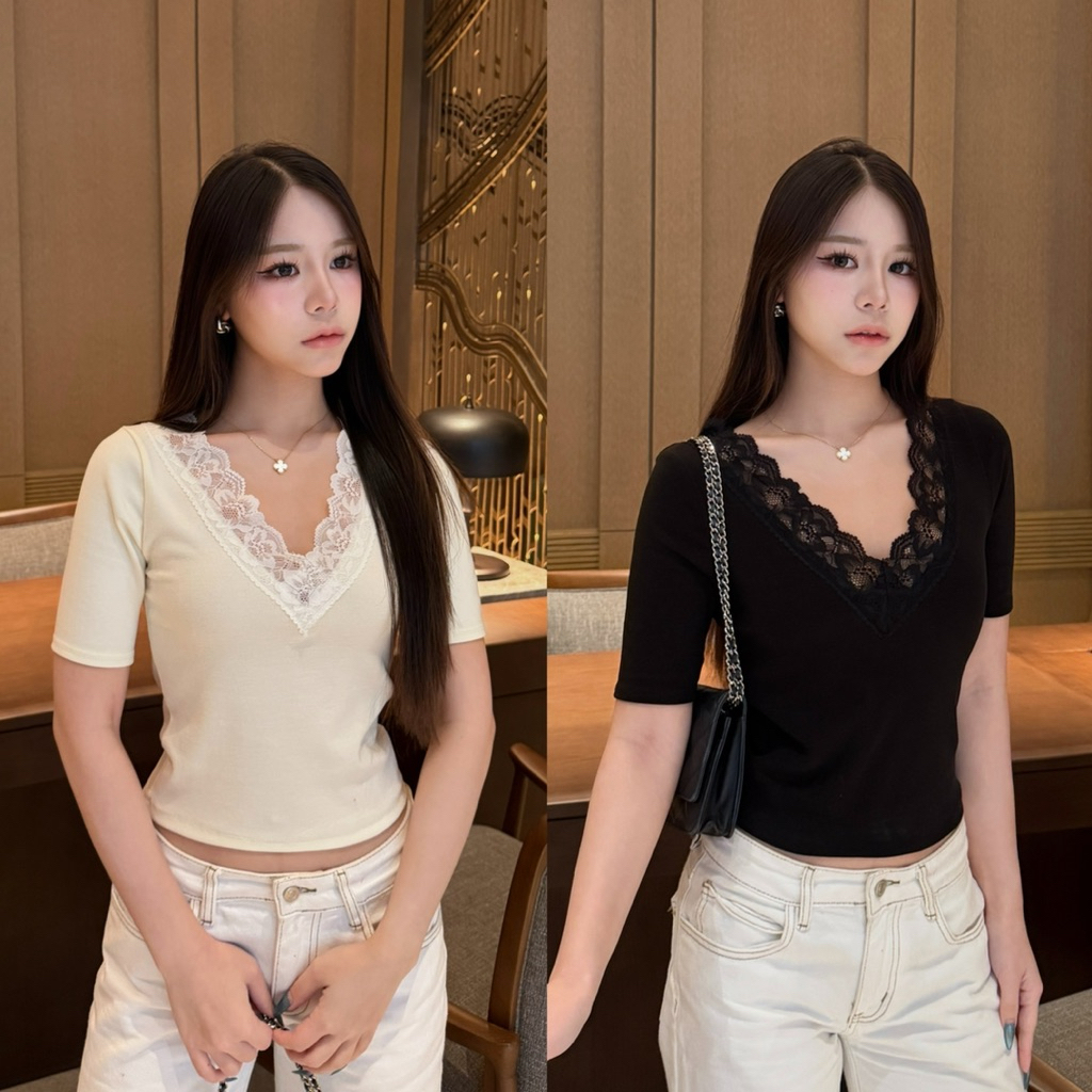 Serlyn | Sylvie Lace Top เสื้อแขนสั้นคอวีลูกไม้พรีเมียม