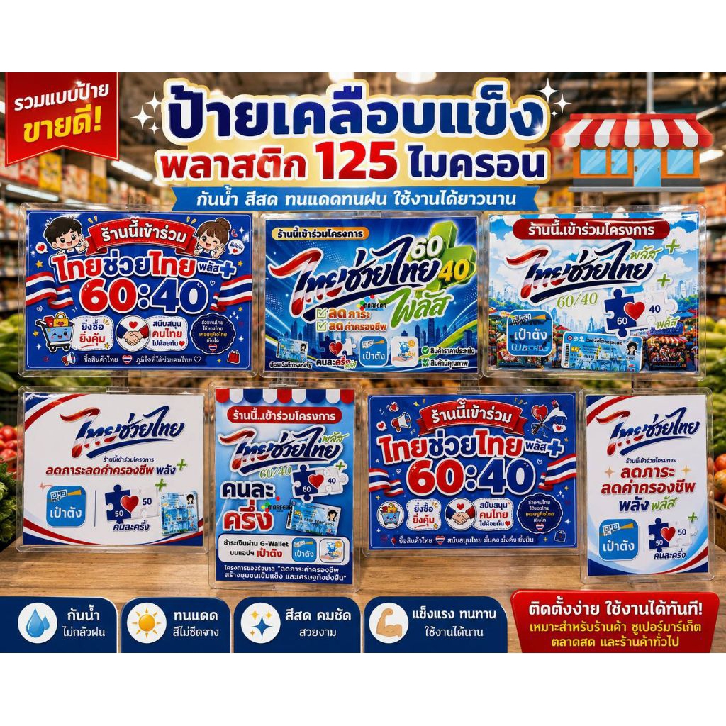 ป้ายไทยช่วยไทยพลัส 2569 ขนาด A4/A5 ป้ายโครงการรัฐ เป๋าตัง ถุงเงินคนละครึ่ง(ใส่ชื่อร้าน+เคลือบแข็ง+พร้อมแขวน)