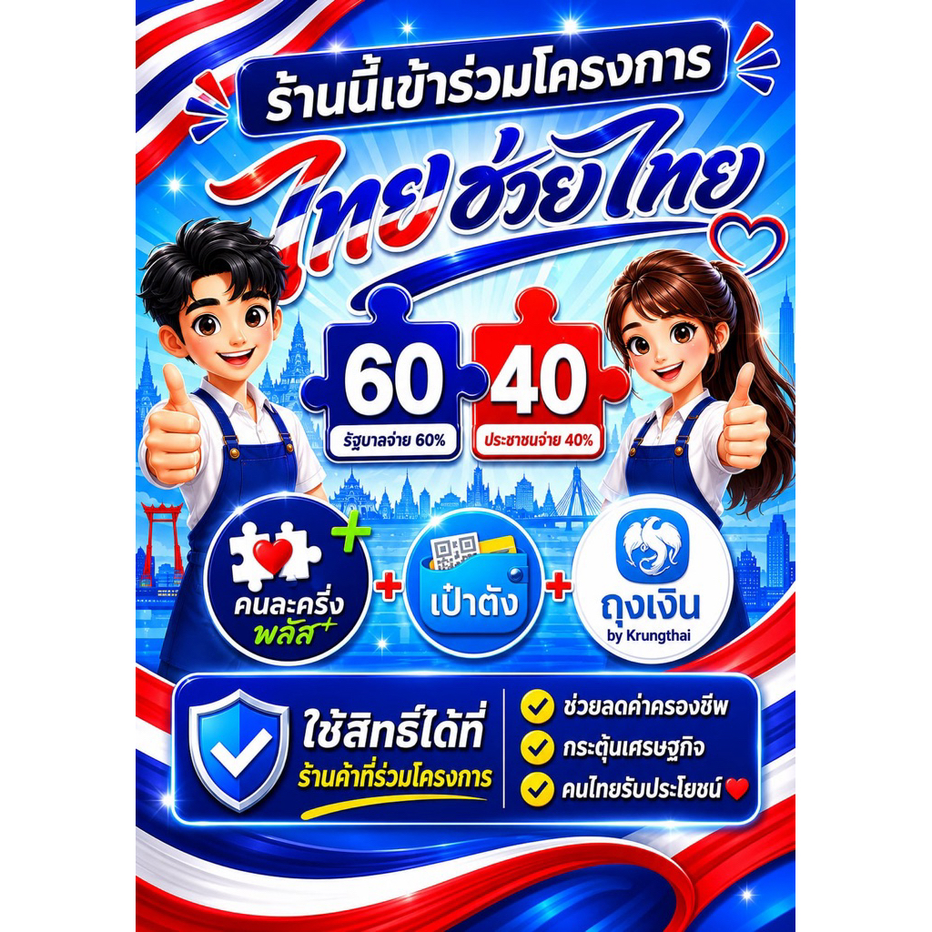 ป้ายร้านค้าไทยช่วยไทย ขนาดกระดาษ A4, A5 เคลือบแข็งกันน้ำ สีสดคมชัด