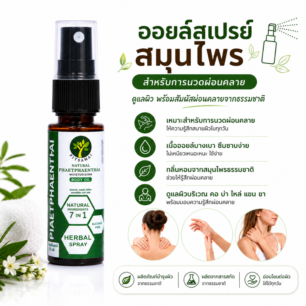 ออยล์สเปรย์ สูตรสมุนไพร 7 ชนิด ใช้นวดผ่อนคลาย 20 มล. หมอไทย by พิสมัย