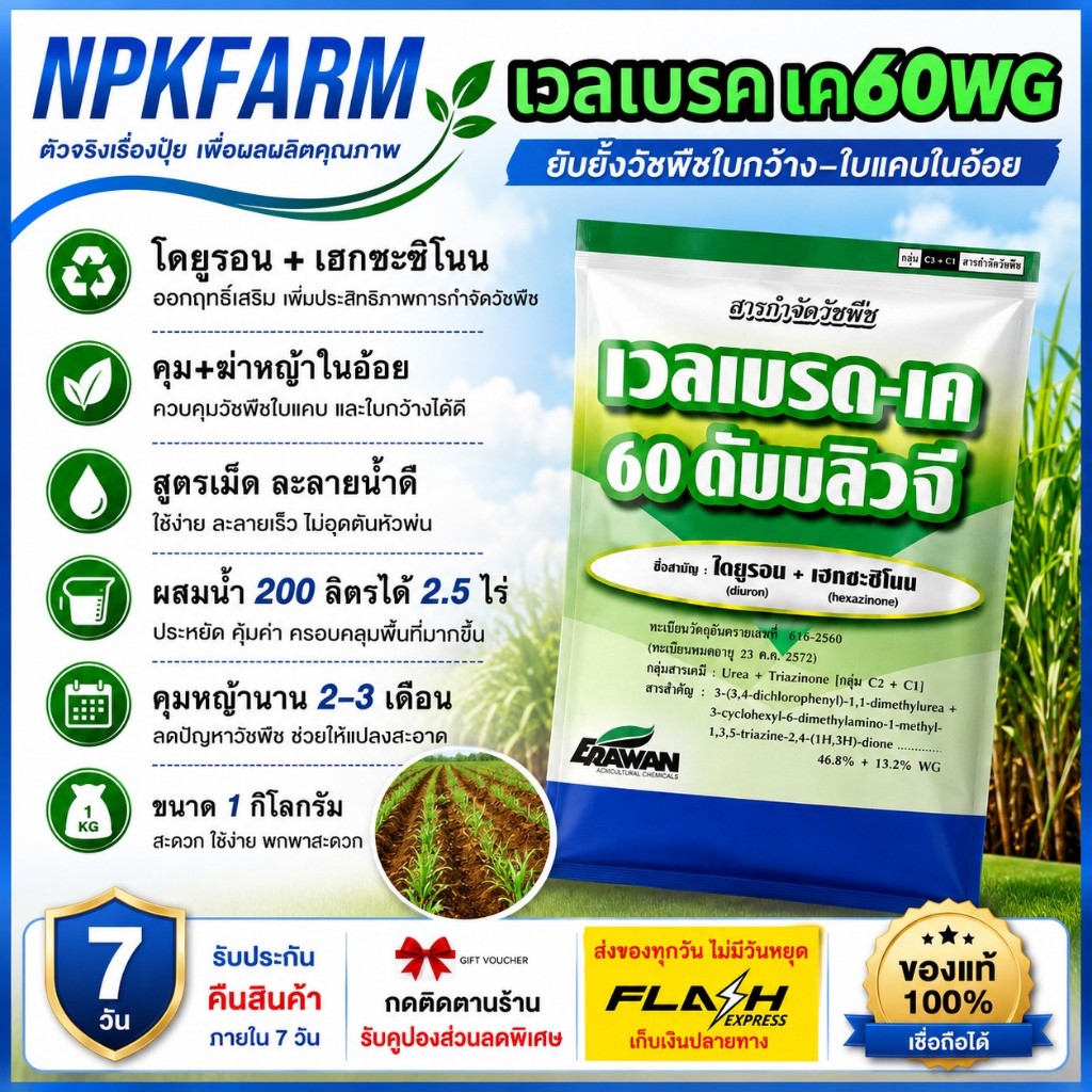 เวลเบรค เค 60 ดับบลิวจี ขนาด 1 กิโลกรัม เวลปาร์-เค ไดยูรอน + เฮกซาซิโนน คุม+ฆ่า หญ้าในไร่อ้อย
