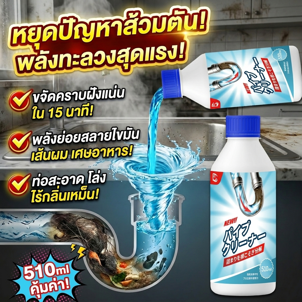 น้ำยาทะลวงท่อ น้ำยาท่อตัน ใช้งานง่าย ไม่ทำลายท่อ 510ml