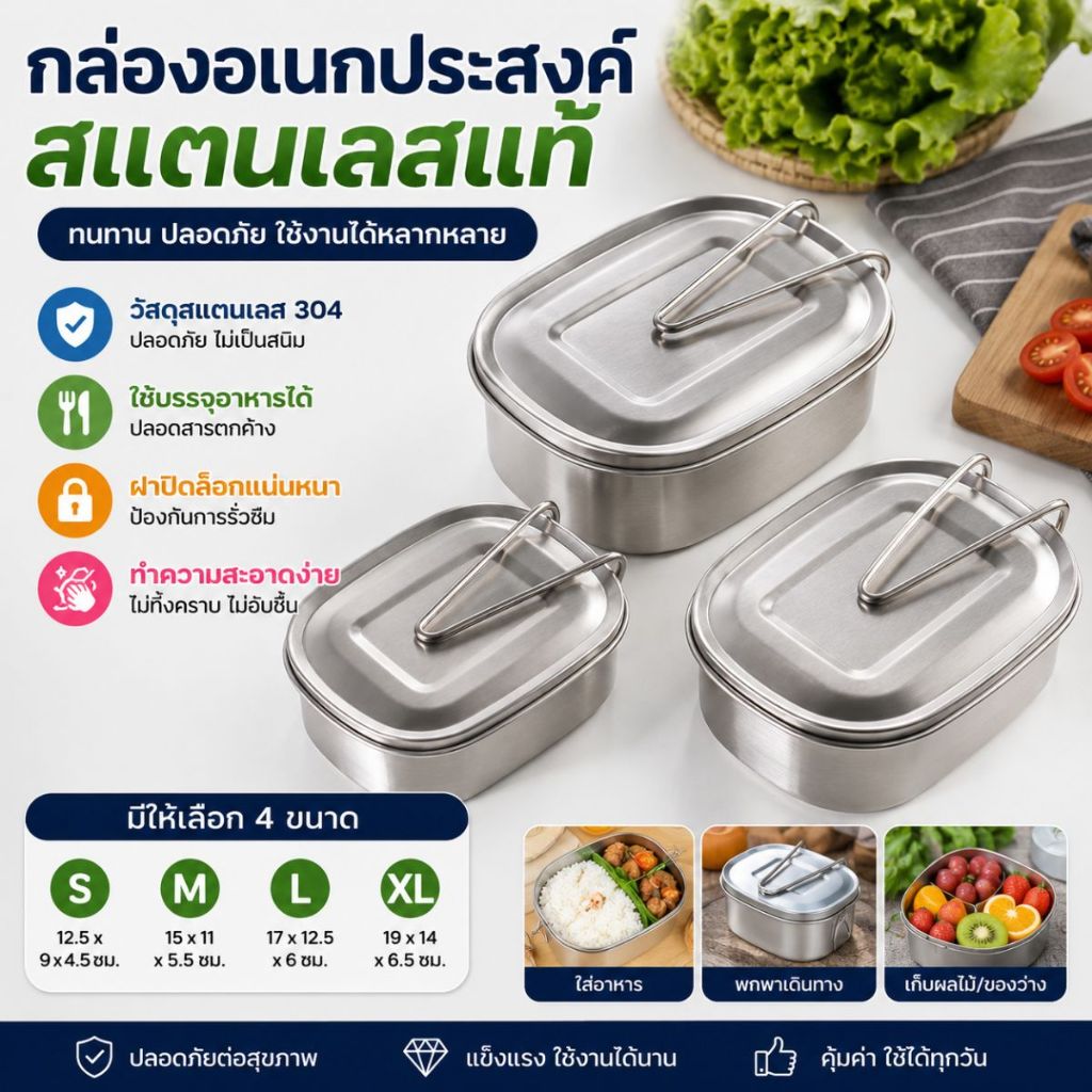 กล่องอาหารสแตนเลส กล่องเก็บเสบภูมิสแตนเลส 304 พร้อมหูล็อก ทนทานและเก็บอาหารได้หลากหลาย