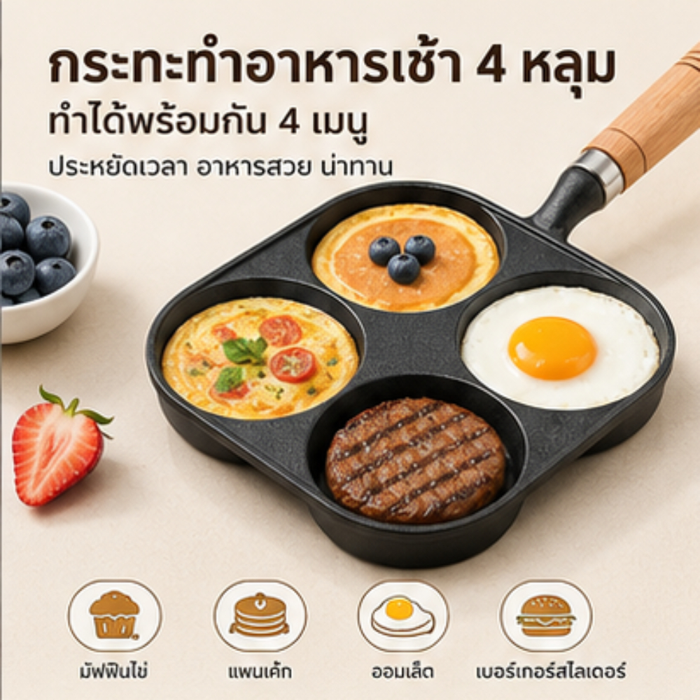 กระทะทำอาหารเช้า 4 ช่อง กระทะเหล็กหล่อเคลือบสารกันติด ใช้กับเตาได้ทุกชนิด ทำไข่และแพนเค้กได้พร้อมกัน