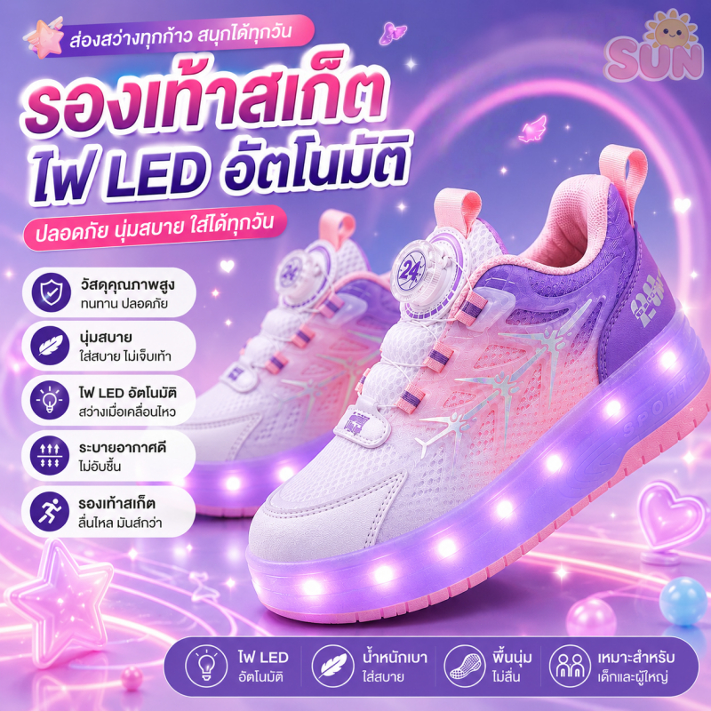 รองเท้าล้อเล่นเด็ก 2 ล้อ มีไฟLEDฉายสว่าง สีชมพู ยูนิเซ็กส์ ล้อยืดหดได้ ไซส์29-38 รองเท้าวิ่งกีฬาเด็ก นุ่มสบายง่ายเคลื่อน