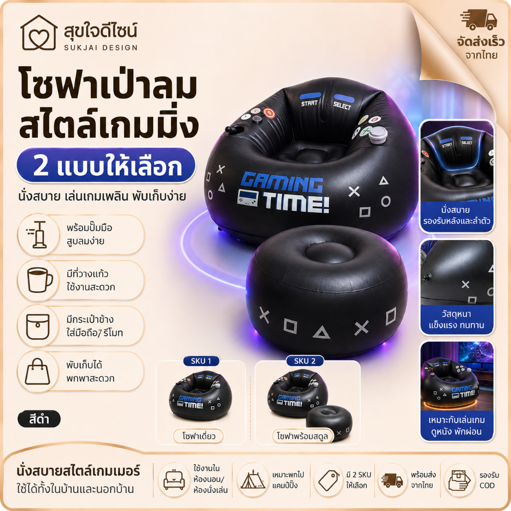 โซฟาเป่าลมเอนกประสงค์ พกพาง่าย พร้อมปั๊มมือ ไม่ต้องเป่าปาก เก้าอี้เกมมิ่ง มีที่วางแก้ว กระเป๋าข้าง สีดำ ทนทาน ลมไม่รั่ว