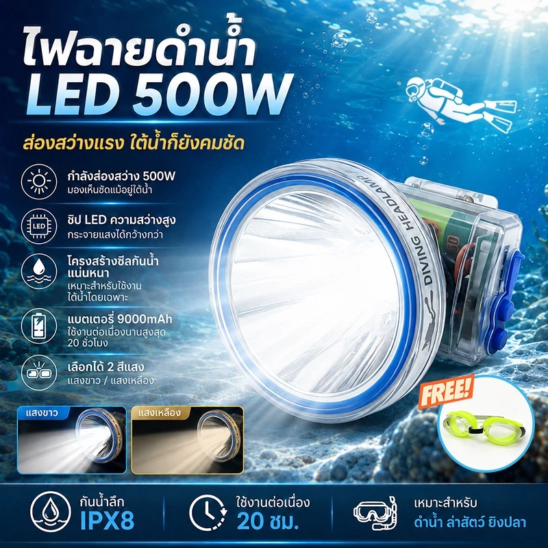 ไฟฉายคาดหัว LED 500W/800W กันน้ำ สำหรับดำน้ำ ตกปลา แคมป์ปิ้ง