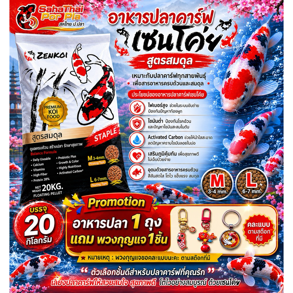 ZenKoi อาหารสูตรสมดุล บรรจุ20 kg แถม พวงกุญแจปลาคาร์พ สำหรับปลาคาร์ฟ  ปลาสวยงาม ชนิดเม็ดลอย ดูแลสุขภาพปลา ไฟเบอร์​สูง