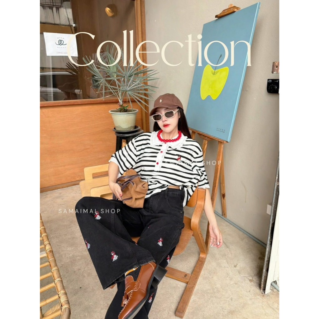 เสื้อแขนสั้น ลายทางคอปกดีเทลแต่งฉลุ กระดุมสีแดงงานปักอกน้องหมา #991706