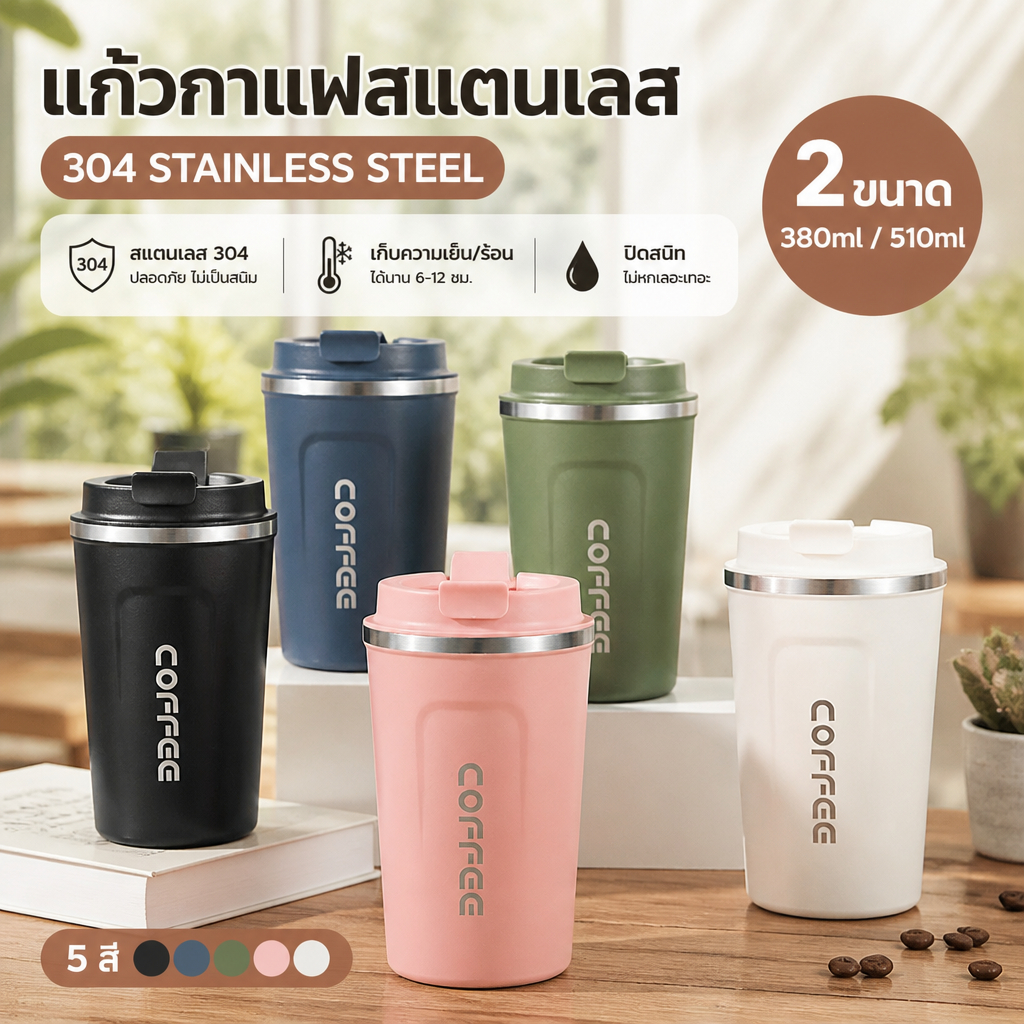 แก้วเก็บความเย็น ความร้อน แก้วกาแฟ สแตนเลส ขนาด 380ml/510ml กันรั่ว พกพาสะดวก