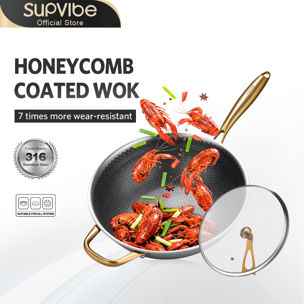 SUPVIBE กระทะรังผึ้ง สแตนเลส316 กระทะผัด 32/34cm เหมาะสำหรับเตาแม่เหล็กไฟฟ้า