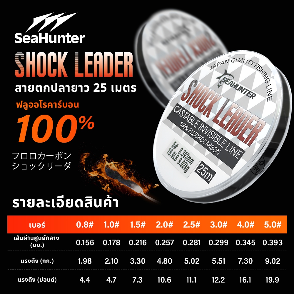 SeaHunter Shock Leader สายเอ็นหน้า สายหน้าฟลูออคาร์บอน 25M 4.4-19.9LB เส้นเอ็นตกปลา คุณภาพญี่ปู่น YGK สายโปร่งใสล่อปลา