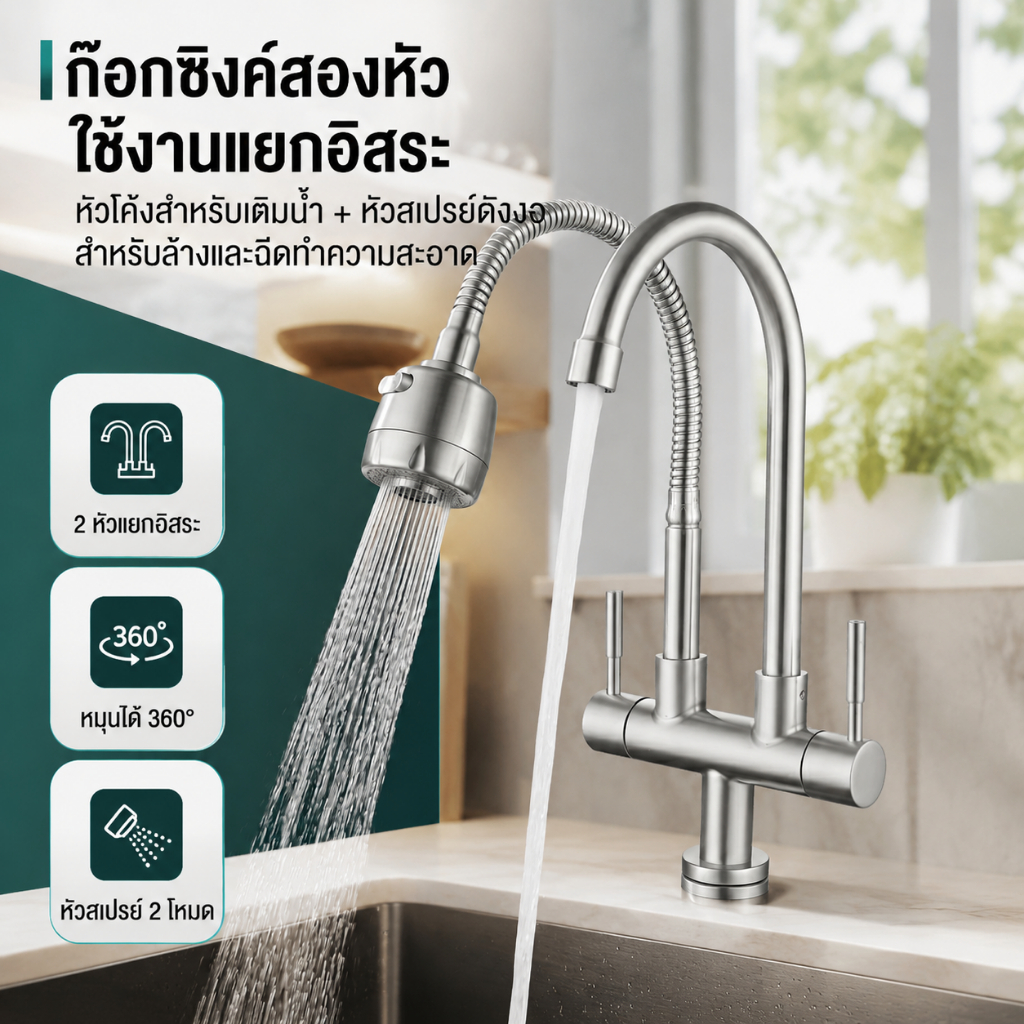 พร้อมส่ง คอโค้ง ก๊อกอ่างล้างจานคอ ก๊อกอ่างซิงค์ยืน 2หัว 2-ใน-1 ก๊อกน้ำสแตนเลส 304 ไม่เป็นสนิม
