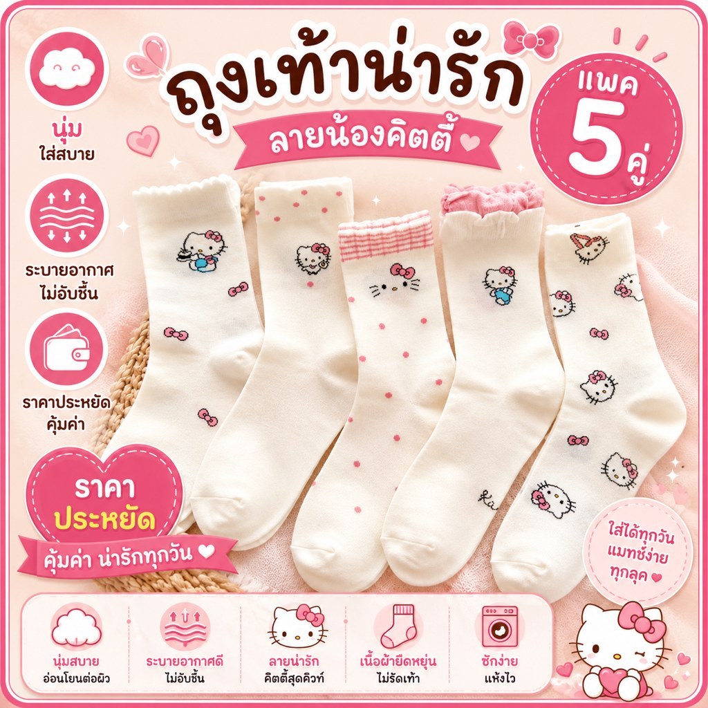 (เซ็ต 5 คู่) การันตีราคาถูกที่สุด! [🇹🇭พร้อมส่งจากร้านไทย] Hello kitty ถุงเท้าคิตตี้ ลายน่ารัก ราคาต่อเซ็ต ได้ครบทุกลาย