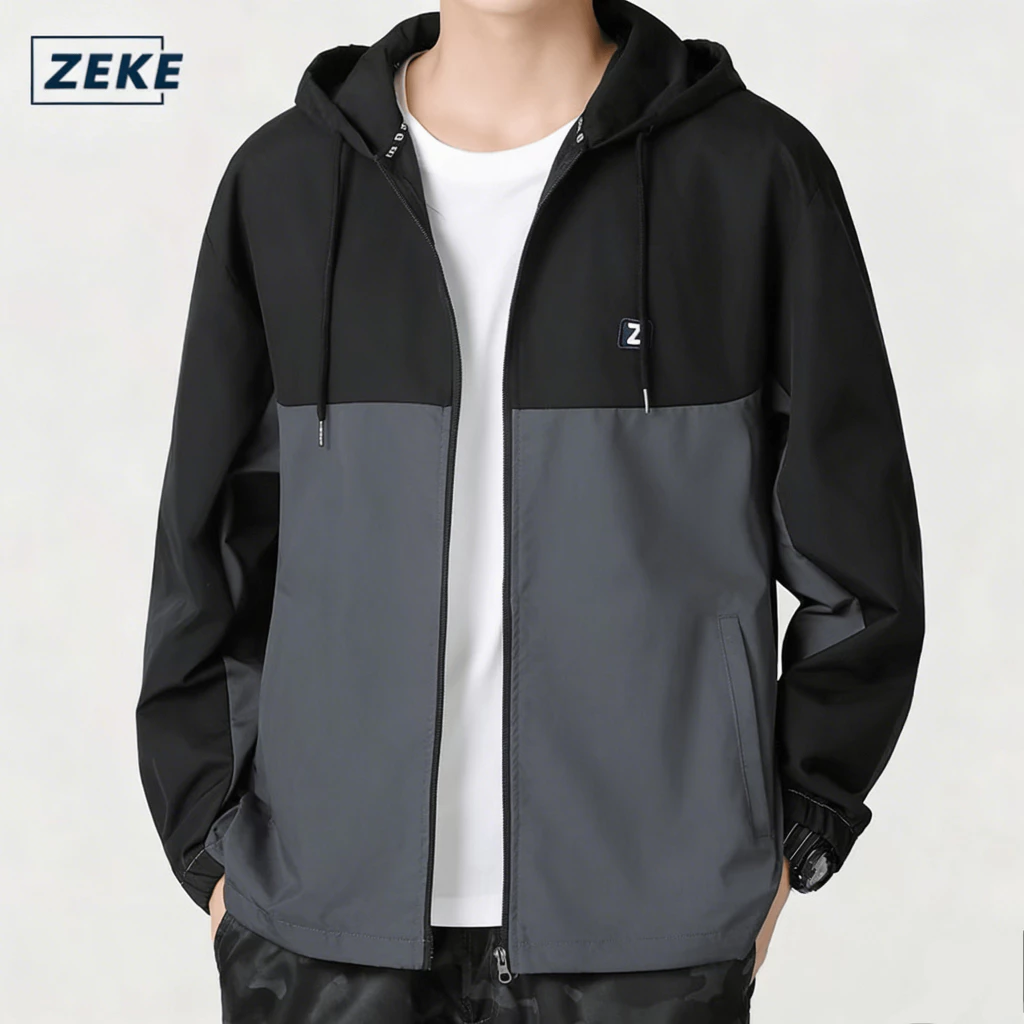 ZEKE C0047 แจ็คเก็ตมีฮู้ดกันน้ำสองสี กระเป๋าแบบกันลม แจ็คเก็ตบอมเบอร์อเนกประสงค์สำหรับใส่ลำลองและดูดีมีสไตล์