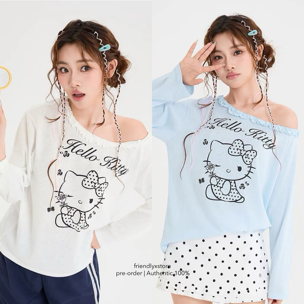 (pre-order) sanfu x hello kitty เสื้อปาดไหล่แขนยาวสีขาว/ฟ้า ลิขสิทธิ์แท้
