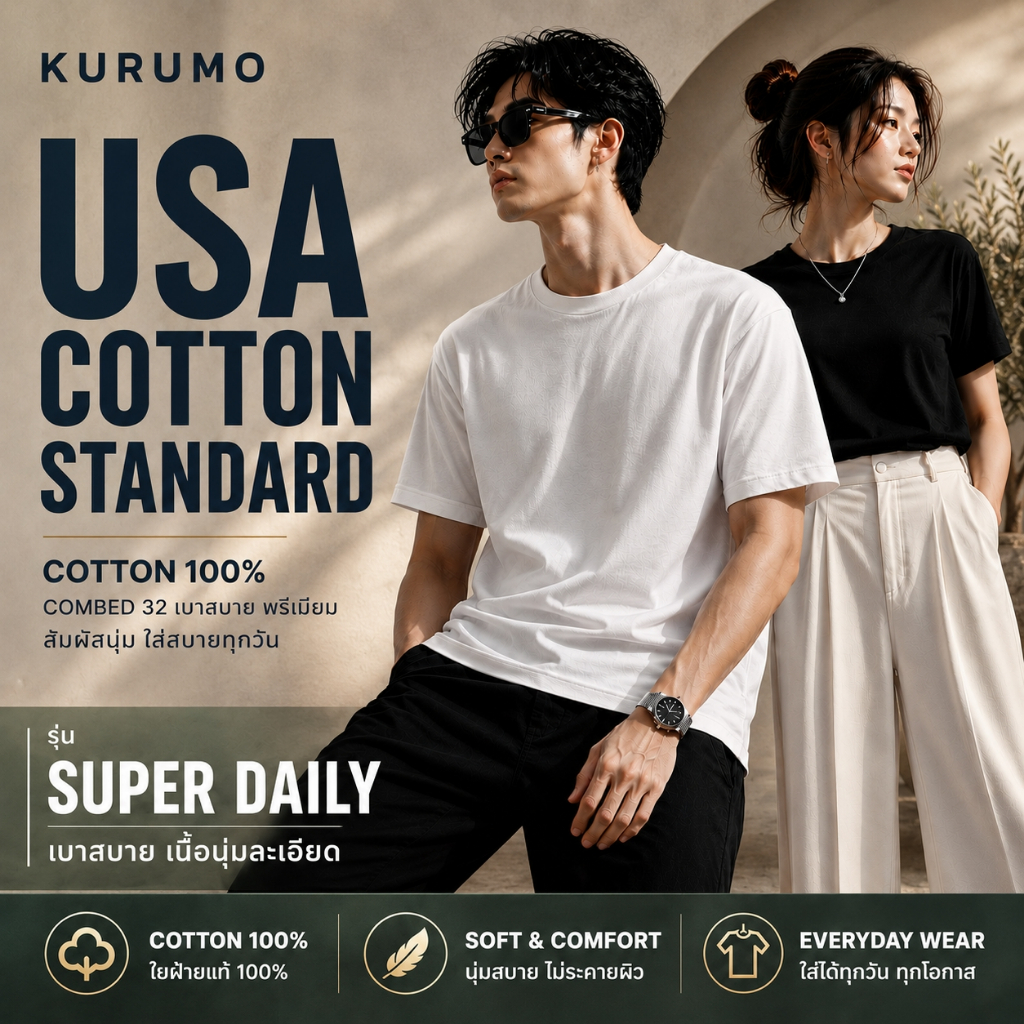 KURUMO SUPER DAILY เสื้อยืดเปล่า Cotton 100% รุ่นเบาสบาย ใส่ได้ทุกวัน เสื้อยืดคอตตอน Unisex