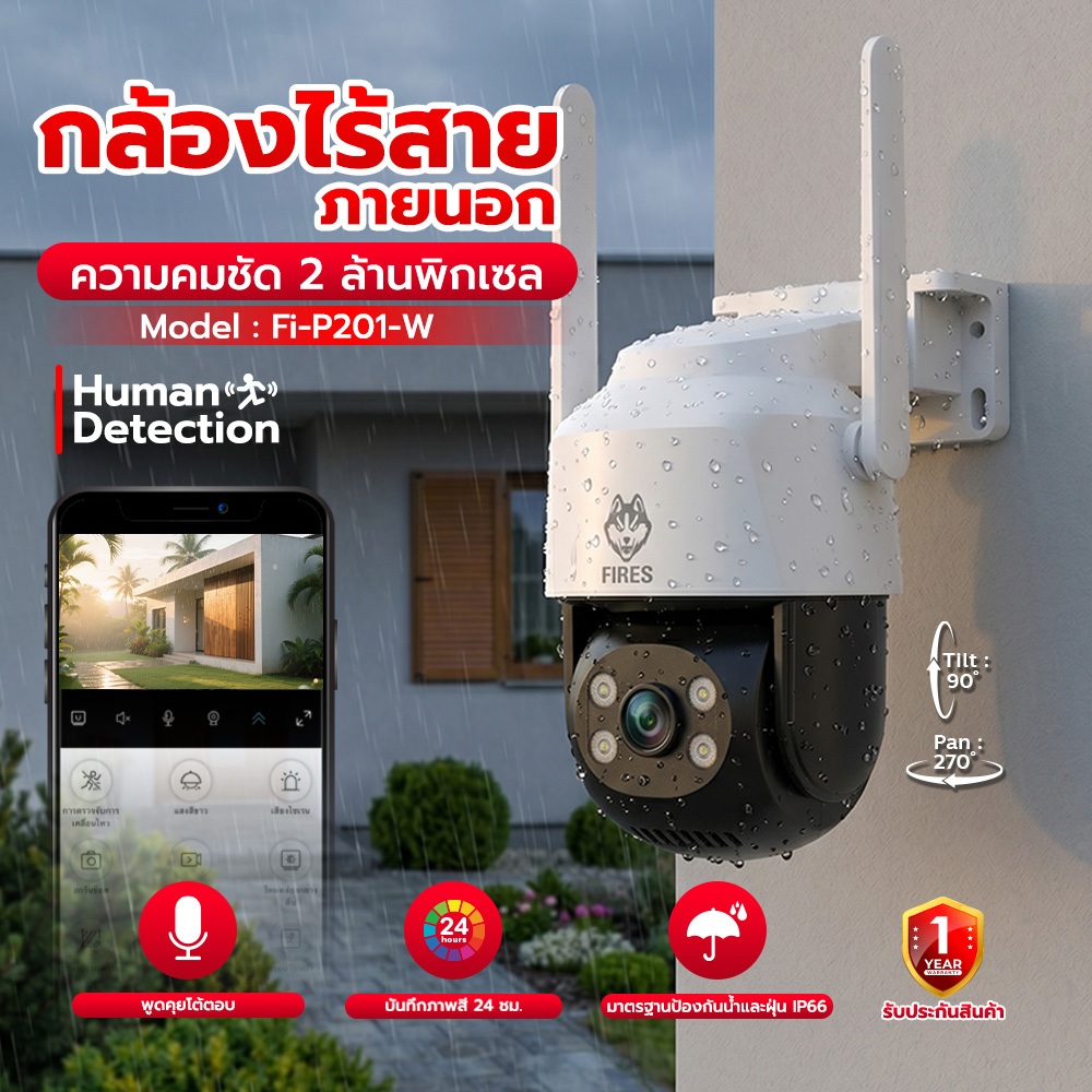 FIRES กล้องไร้สาย Fi-P201-W คมชัด 2 MP หมุนได้ พูดคุยโต้ตอบได้ พร้อมภาพสี24 ชม พร้อม Human detection