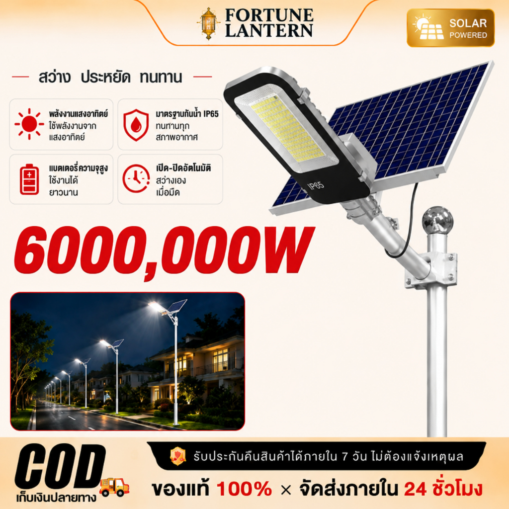 🔥ซื้อ 1 แถม 1🔥ไฟถนนโซล่าเซลล์ 6000,000W ไฟโซล่าเซลล์ โคมไฟถนน กันน้ำIP68 กันน้ำและกันฟ้าผ่ แสงสีขาว ระบบเซนเซอร์