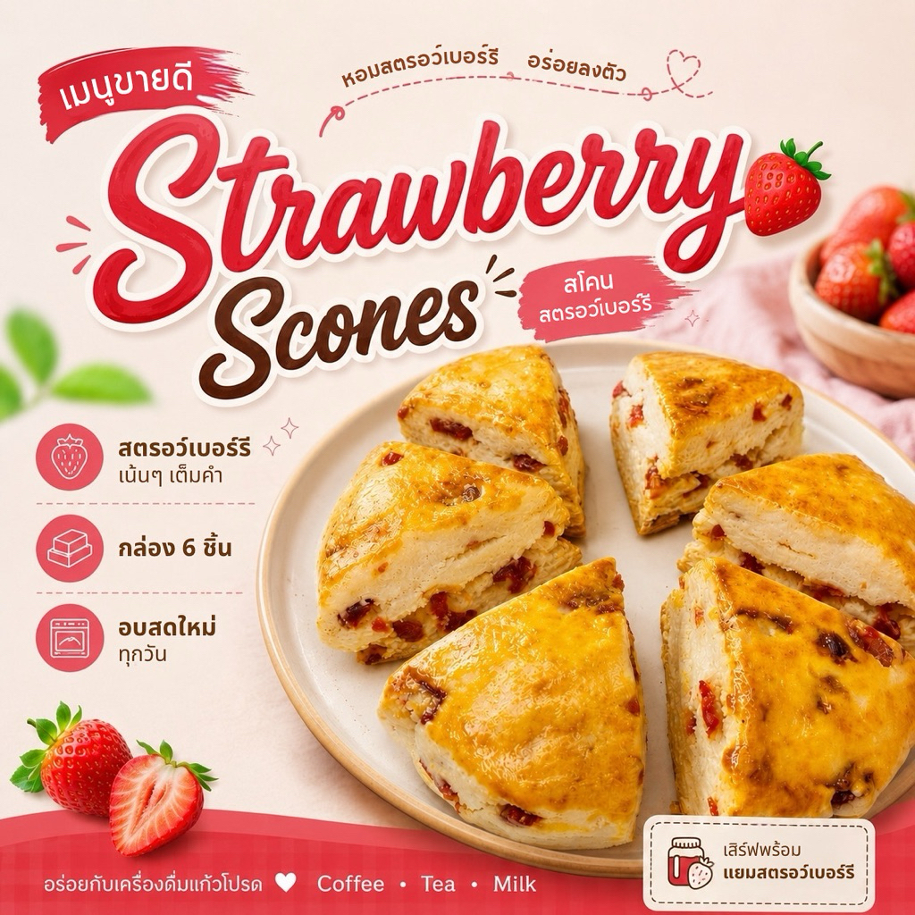 (6 ชิ้น) สโคน สตอเบอร์รี่ (Strawberry Scones) ใส่เนื้อสตอเบอร์รี่เยอะ + แยม 1 ถ้วย
