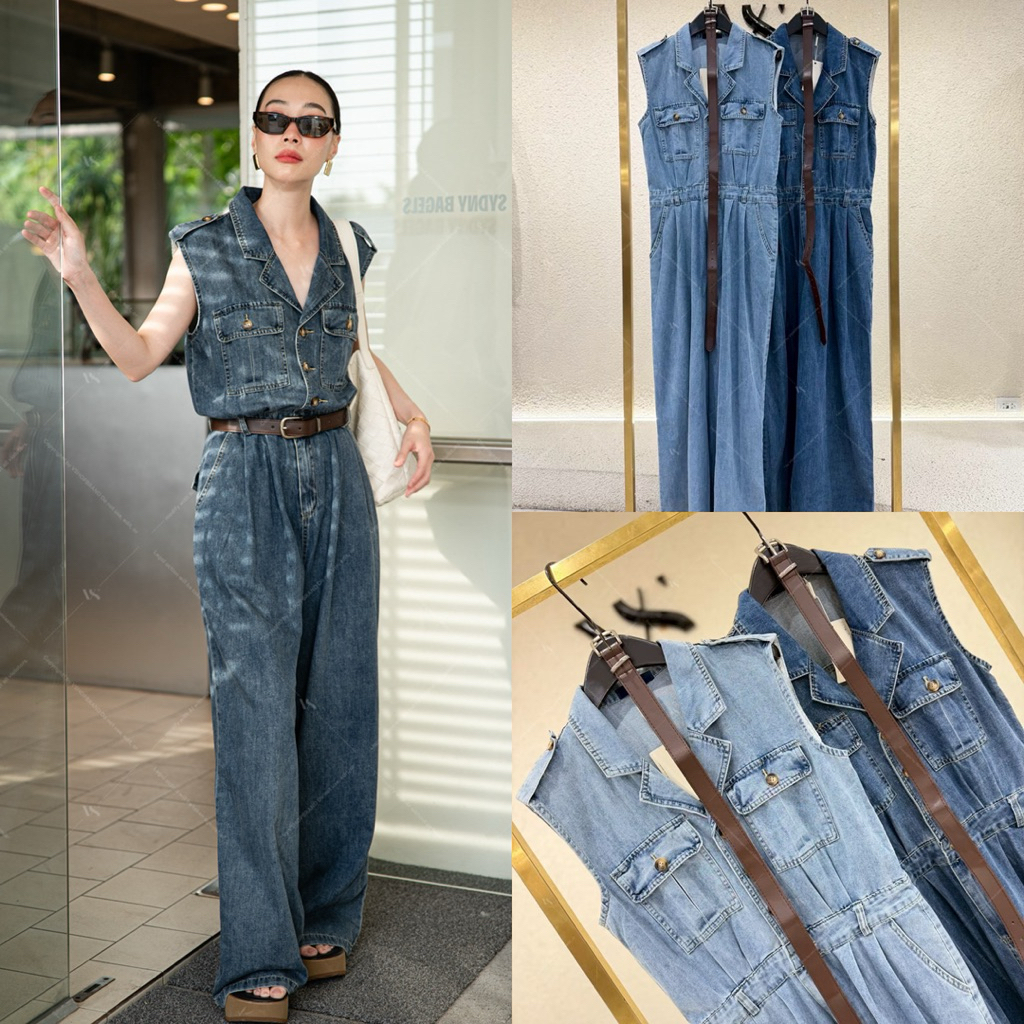 1822-3 Set จั๊มสูทยีนส์แขนกุดกระเป๋าอก + เข็มขัด Vshop