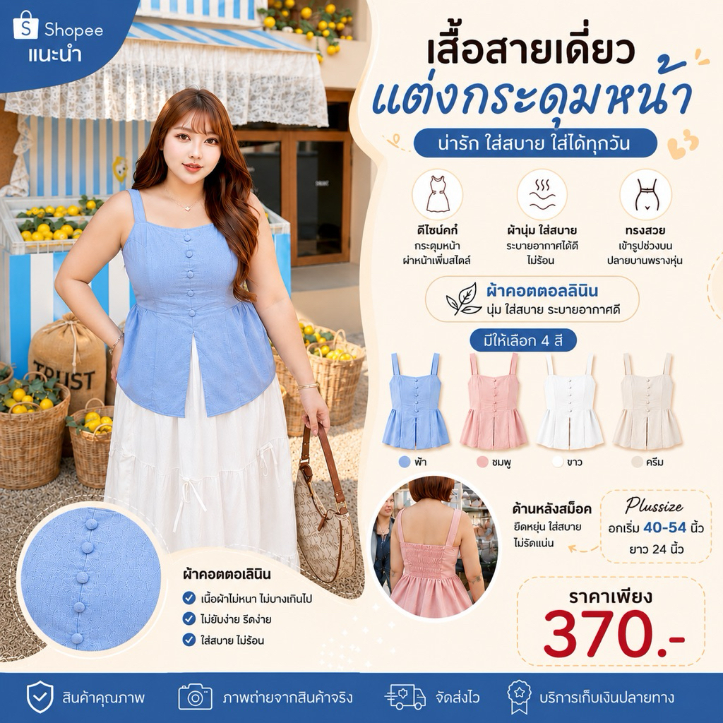 2S-2213 เสื้อสายเดี่ยว สาวอวบ อกเริ่ม40-54นิ้ว มีสม็อคหลัง มี5สี
