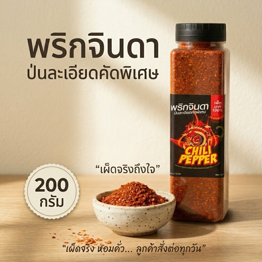 🔥 พริกจินดาป่น พริกป่นเผ็ดมาก สูตรคั่วใหม่ หอมทุกเมนู ไม่ผสมก้าน 200g(ติ๊กดำ)