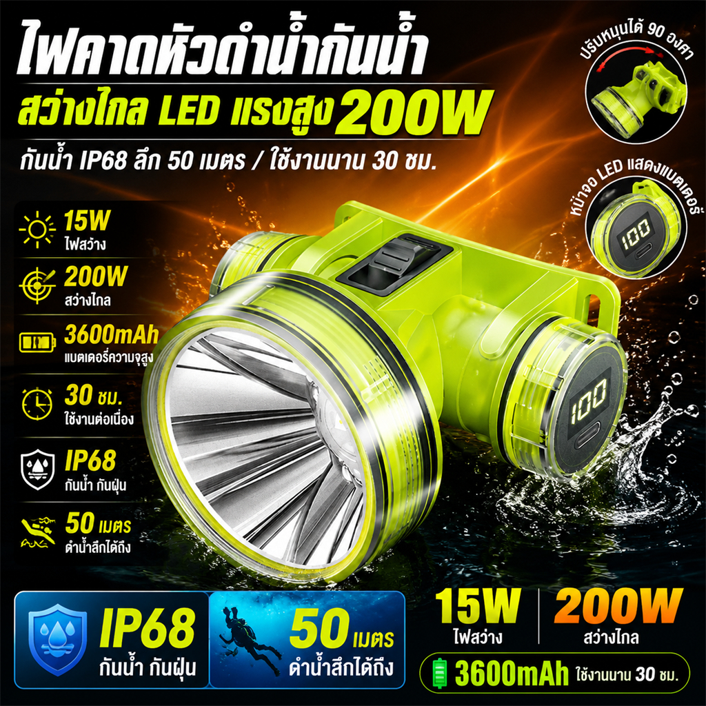 ลูกค้าใหม่ 1บ. ไฟฉาย ไฟฉายคาดหัว LED 15W แบตเตอรี่ลิเธียม ไฟฉายแรงสูง สำหรับดำน้ำ ไฟฉายคาดศรีษะ แสงขาว