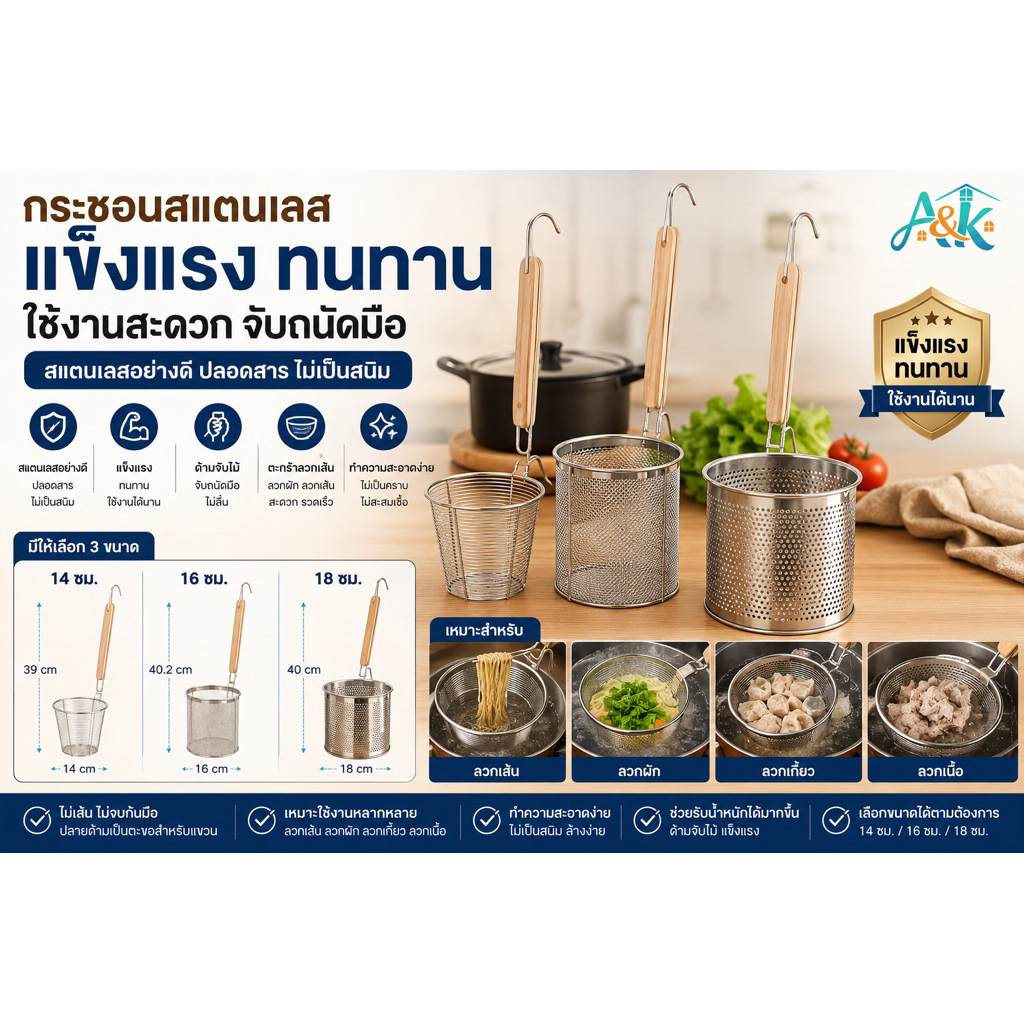 A&k family shop  ตะกร้อสแตนเลสลวกเส้น ลวกผัก ลวกเส้นก๋วยเตี๋ยว NF303-305