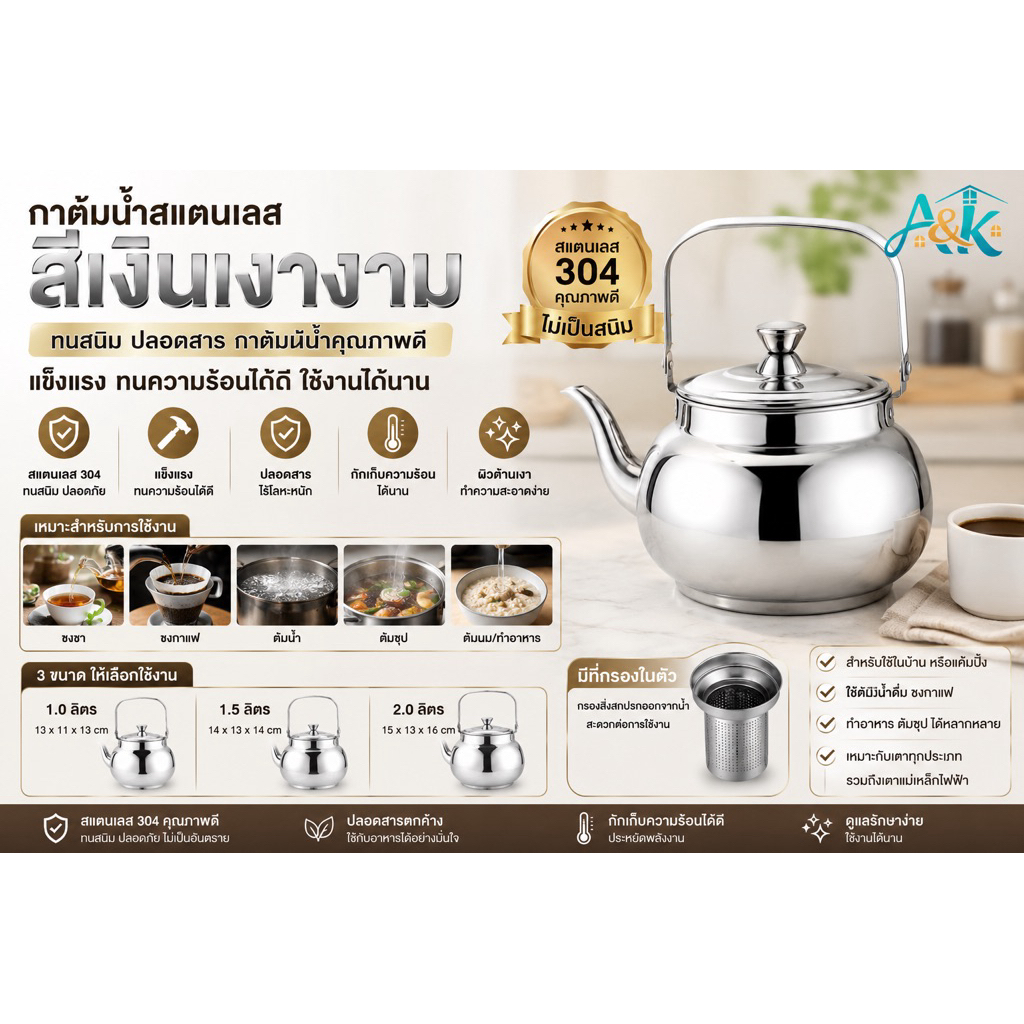 A&k family shop กาต้มน้ำสแตนเลสมีที่กรองสีเงิน NF1233-1235