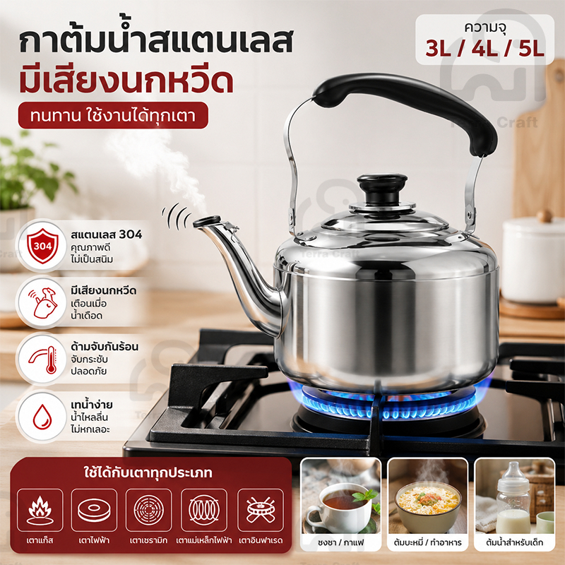 กาต้มน้ำสแตนเลส304 Terra Craft 3/4/5ลิตร เสียงไล่ลม ใช้ได้ทุกเตาร้อน ไม่สนิม หม้อต้มน้ำ ทำอาหาร ใหญ่พิเศษ
