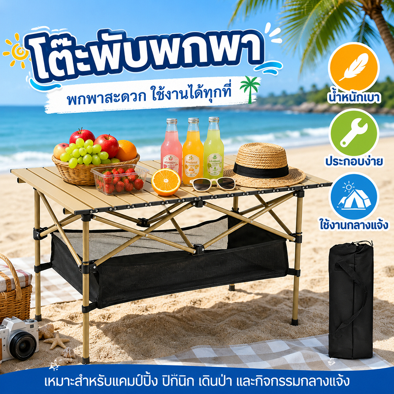 โต๊ะพับได้ โต๊ะแคมป์ปิ้ง กลางแจ้ง โต๊ะพกลางแจ้ง Folding table แบบพกพา พับได้ง่าย แคมป์ปิ้งปิกนิก