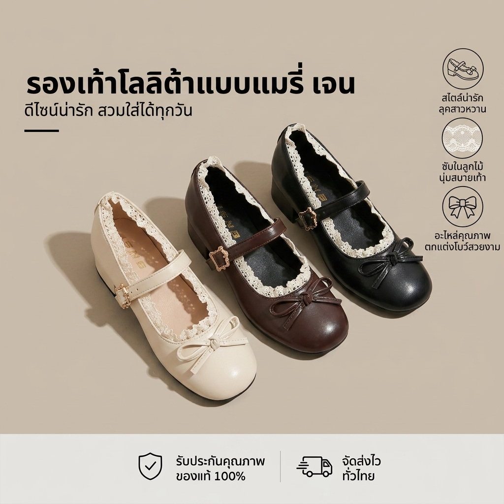 รองเท้าผู้หญิง รองเท้าแมรี่เจน ขอบลูกไม้ ส้นแบน น้ำหนักเบา สวมใส่สบาย คัทชูแฟชั่น พื้นนิ่ม พร้อมส่ง ส่งฟรี