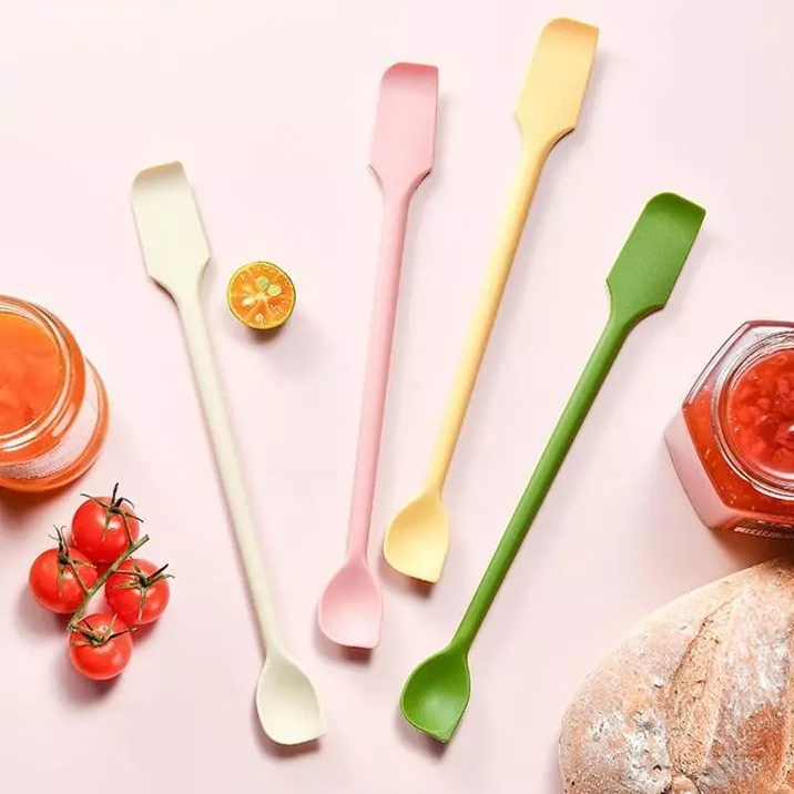 COD💖1 ชิ้นไม้พายซิลิโคนทนความร้อนด้ามยาว Dual-Ended Scraper พร้อมช้อน Jam Spatulas