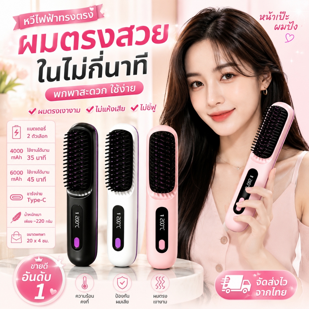 หวีหนีบผมไฟฟ้าไร้สาย MINI เซรามิก ไอออนลบสูง อุ่นเร็ว ป้องกันความร้อน แบตเตอรี่ความจุสูง