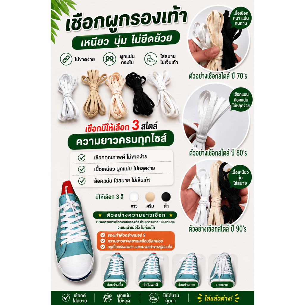 เชือกรองเท้าวินเทจสไตล์ปี 70's 80's 90's มีความยาวตั้งแต่ 120-140-160-180cm.